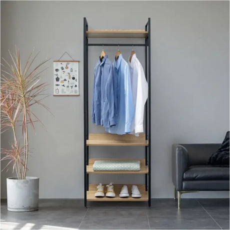 BukkitBow staande kapstok met rek en planken, grote opslagruimte, handig en veelzijdig, 56x36x170cm, zwart metalen ontwerp