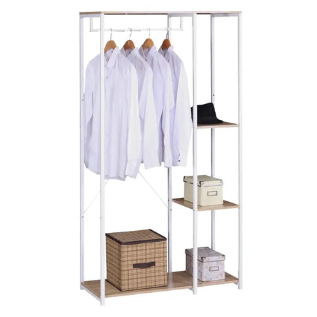 BukkitBow staande kapstok met houten planken, ophanghaken voor jassen en schoenenplank, modern en functioneel design