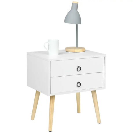 BukkitBow stabiel nachtkastje van MDF en massief hout, 46x35x50 cm, geschikt tot 5 kg, in een moderne slaapkamer.