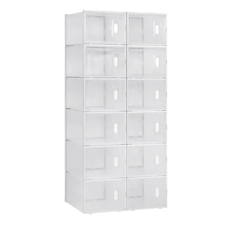Witte BukkitBow stapelbare schoenendozen met transparante vakken en deurtjes, geschikt als sneaker organizer, set van 8, 12 of 18.