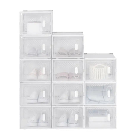 Witte BukkitBow stapelbare schoenendozen met transparante vakken en deurtjes, geschikt als sneaker organizer, set van 8, 12 of 18.