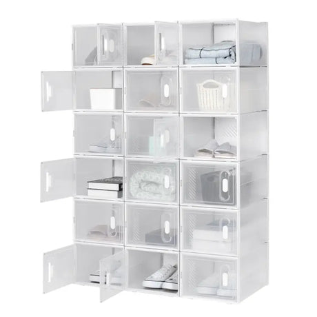 Witte BukkitBow stapelbare schoenendozen met transparante vakken en deurtjes, ideaal als sneaker organizer, set van 8/12/18.