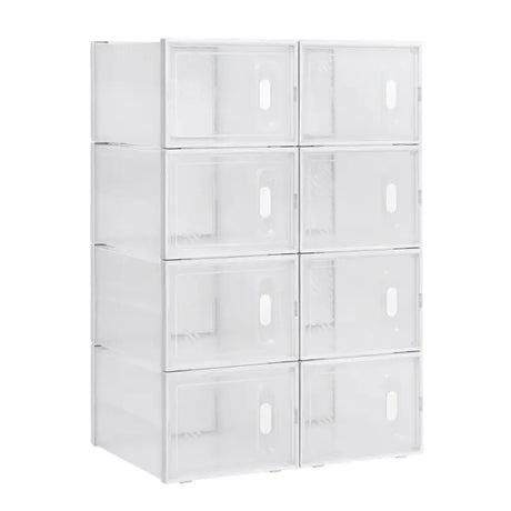 BukkitBow stapelbare schoenendozen set van 8, 12 of 18 met transparante vakken en deurtjes, wit sneaker organizer schoenenrek