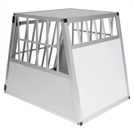 BukkitBow hondenkooi van aluminium en MDF, trapeziumvormig, volledig doorkijkend met ventilatie, afmetingen 71x85x65cm.
