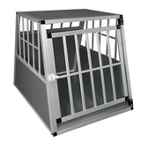 Stevige aluminium/MDF hondenkooi van BukkitBow met trapeziumvorm, volledig doorkijkend en geventileerd, 71x85x65cm, hondentransportbox.