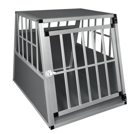 Stevige aluminium/MDF hondenkooi van BukkitBow met trapeziumvorm, volledig doorkijkend en geventileerd, 71x85x65cm, hondentransportbox.