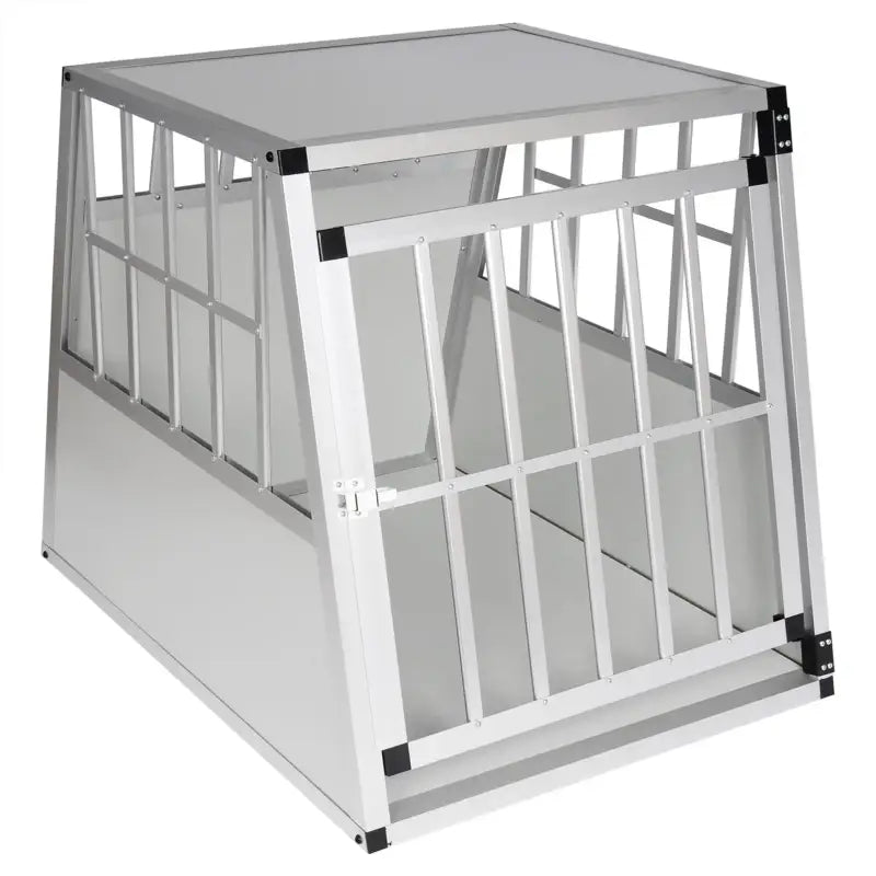 Stevige aluminium/MDF hondenkooi van BukkitBow met trapeziumvorm, volledig doorkijkend en ventilatie, voor hondentransport, 71x85x65cm.