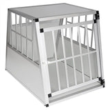 Stevige aluminium/MDF hondenkooi van BukkitBow met trapeziumvorm, volledig doorkijkend en ventilatie, voor hondentransport, 71x85x65cm.