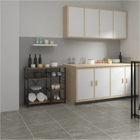 Stevige BukkitBow keukentrolley met wijnrek, 360° wielen, multifunctioneel opbergbureau, afmetingen 90x40x83,5 cm, in keuken setting