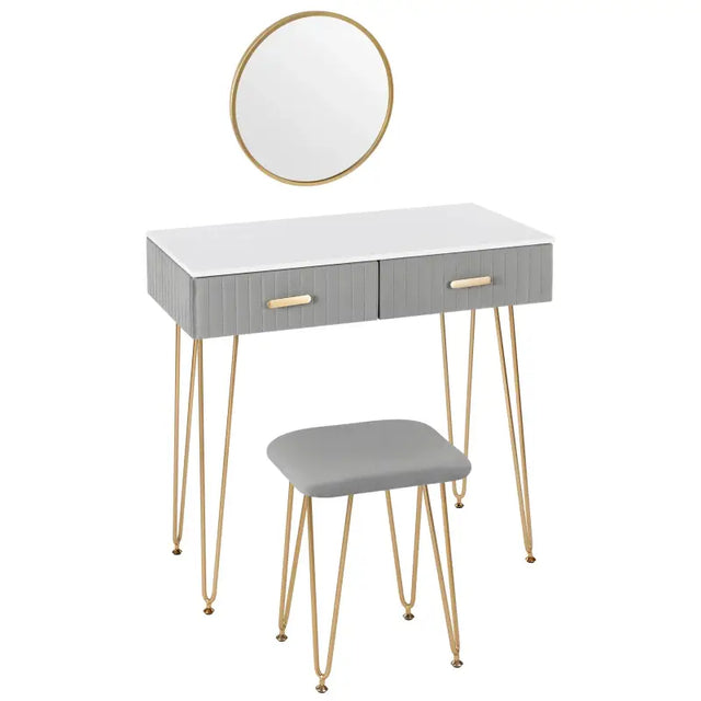 BukkitBow stijlvolle kaptafel set met spiegel en kruk, metalen frame met fluweel, goudkleurige details, 80x77,5x40 cm