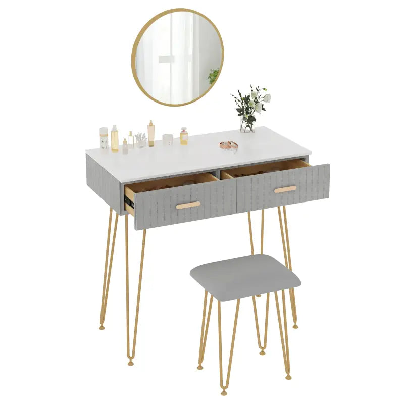 BukkitBow kaptafel set met spiegel, kruk, stevig metalen frame, fluwelen afwerking en gouden details, 80x77,5x40 cm