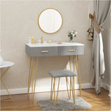 BukkitBow kaptafel set met spiegel en kruk, stevige metalen constructie met fluwelen details en gouden accenten, 80x77,5x40 cm