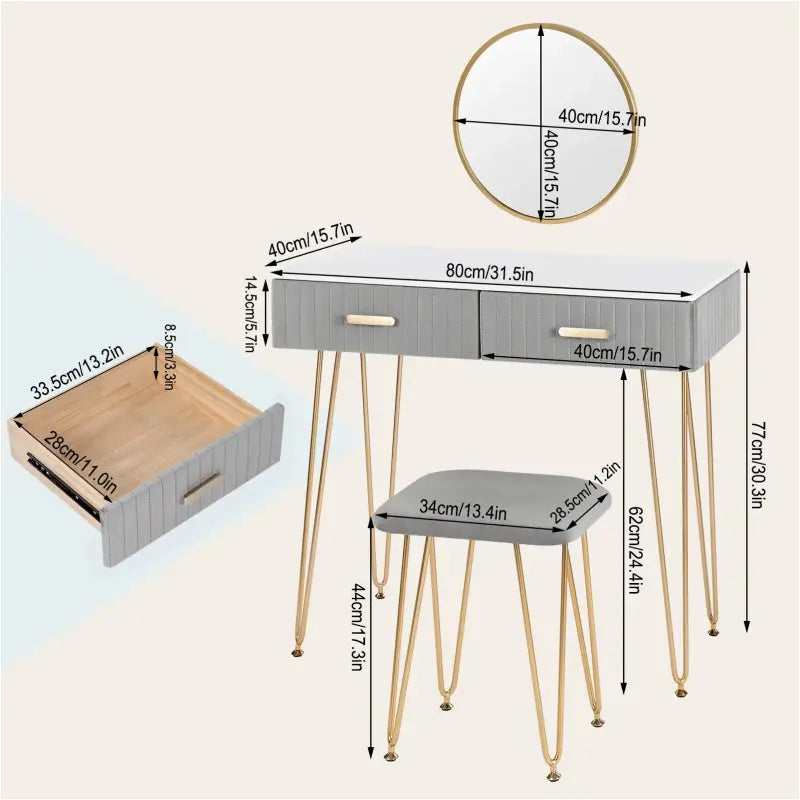 BukkitBow kaptafel set met spiegel en kruk, stevige metalen constructie, fluweelafwerking en gouden details, 80x77,5x40 cm.