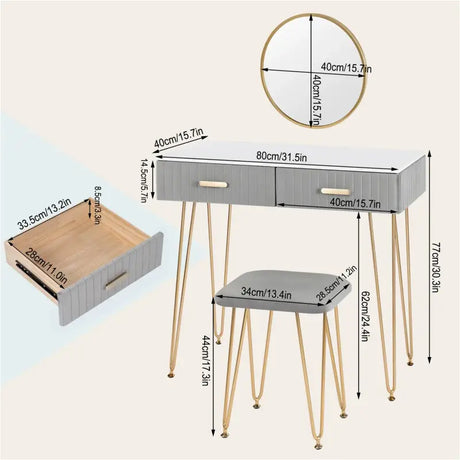 BukkitBow kaptafel set met spiegel en kruk, stevige metalen constructie, fluweelafwerking en gouden details, 80x77,5x40 cm.
