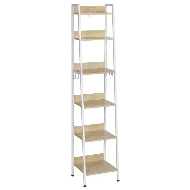 BukkitBow ladderplank/kast in hout, veelzijdig en stabiel ontwerp met extra opberghaken, 41x187x36 cm, voor boeken en spullen.