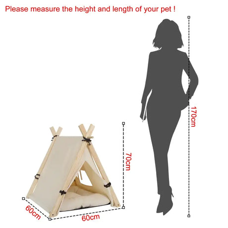 BukkitBow tipi tent voor huisdieren met venster en uitneembaar kussen, wit met eikenhouten details, geschikt voor honden en katten.