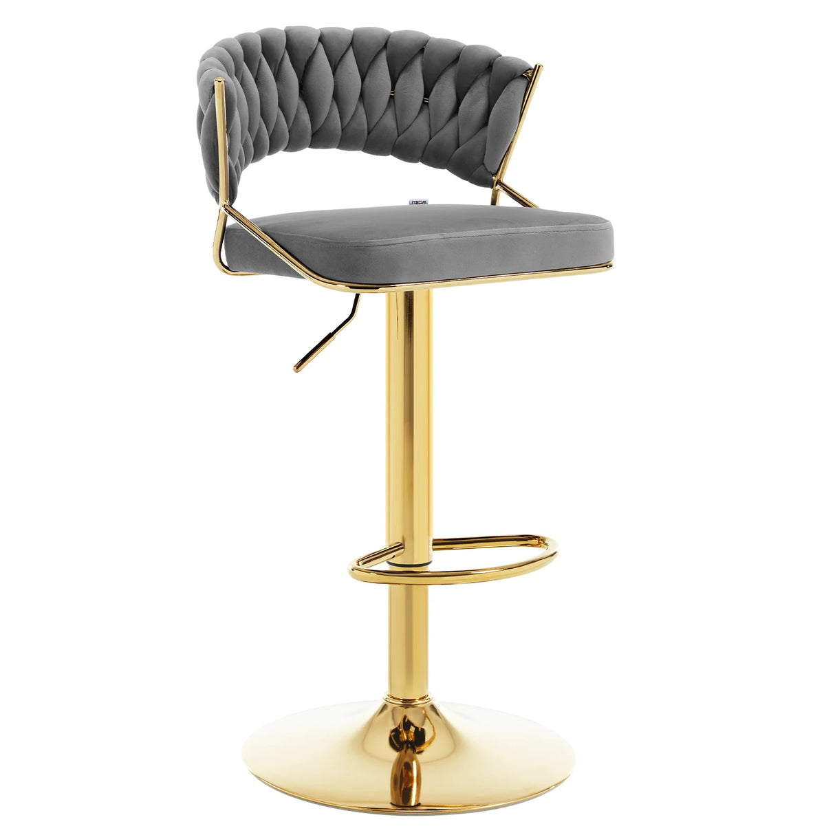 BukkitBow velvet barkruk met verstelbare hoogte, handgeweven rugleuning, 360° draaibaar en metalen onderstel, perfect voor keuken of bar.