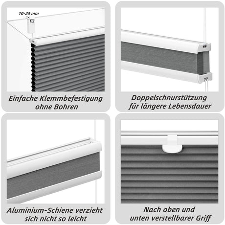 Verduisterend BukkitBow plissé rolgordijn met honingraatpatroon, thermisch, zonder boren, geschikt voor lichtwering en isolatie.