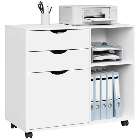 Verrijdbaar BukkitBow archiefkast met hangmappenlade en drie laden, ideaal voor organisatie en opslag.