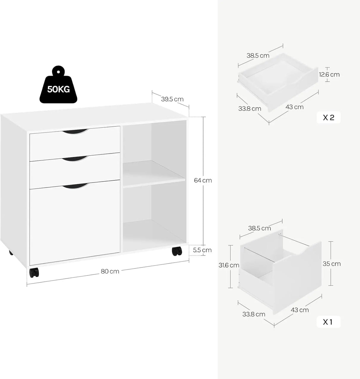 Verrijdbaar BukkitBow archiefkast met hangmappenlade en drie laden, ideaal voor organisatie en opslag van documenten.