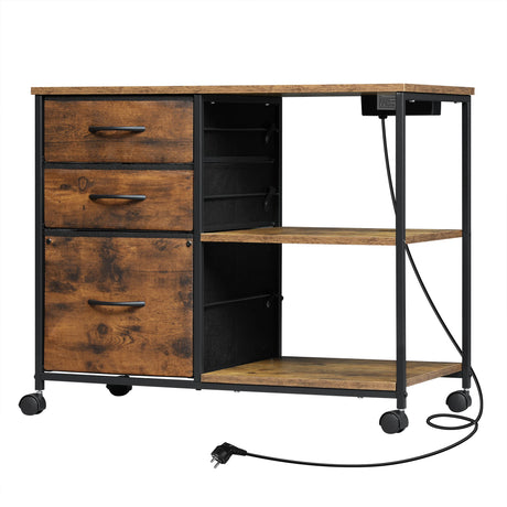 Verrijdbare houten archiefkast van BukkitBow met laadstation voor efficiënt archiveren en opladen van apparaten.