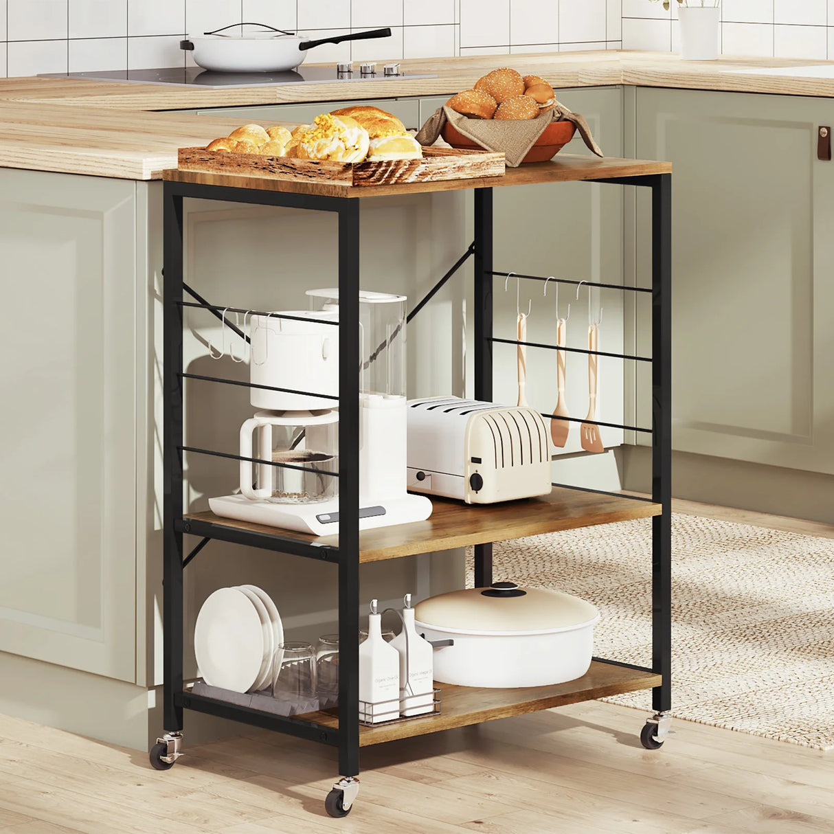 BukkitBow verrijdbare keukentrolley met 3 niveaus en magnetronhouder, zwart metalen frame, praktische keukenopslag en mobiliteit