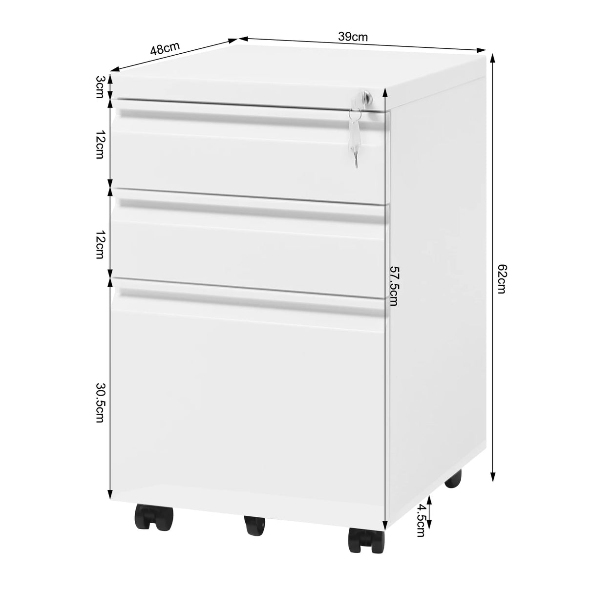 Verrijdbare metalen archiefkast van BukkitBow met slot en 3 laden voor veilig archiefopslag.