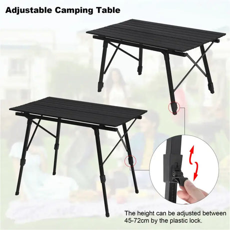 BukkitBow verstelbare aluminium campingtafel met opbergzak, inklapbaar, compact, draagbaar en maximale belasting van 30 kg.