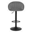 Grijze barkruk in vooraanzicht met gebogen rug, verticale stiknaden en zwart onderstel