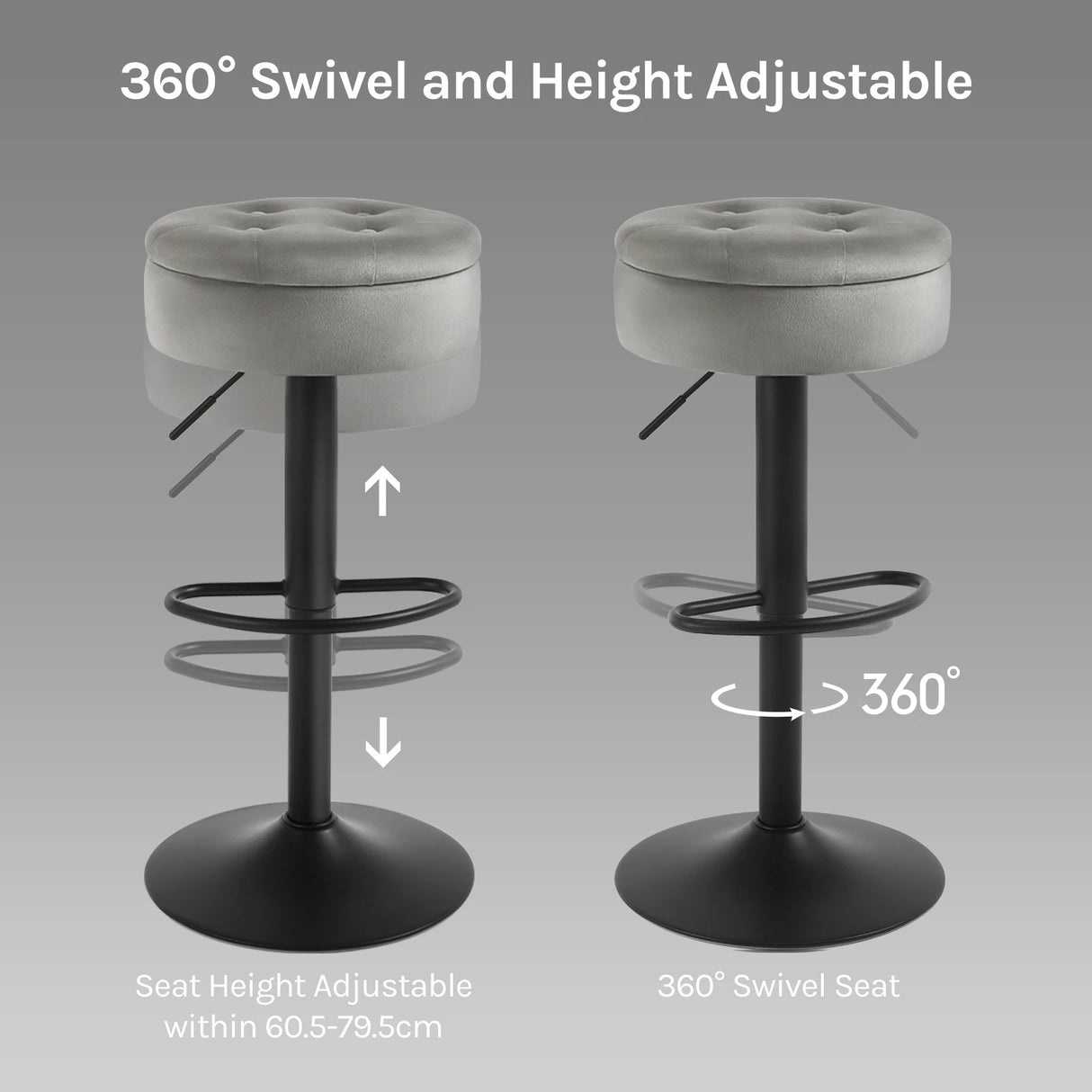 Verstelbare BukkitBow barkruk met verborgen opbergruimte, zwart leren zitting en metalen poten, modern design voor keukens en bars.