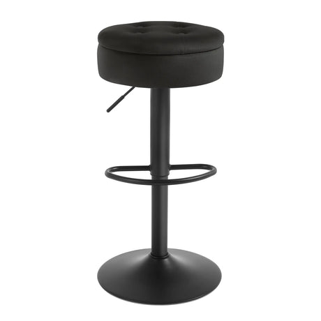 Verstelbare BukkitBow barkruk met verborgen opbergruimte en houten zitting, modern design voor eetkamer of bar.