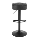 Verstelbare BukkitBow barkruk met verborgen opbergruimte, modern design, zwart met houten poten, geschikt voor bar of keuken.