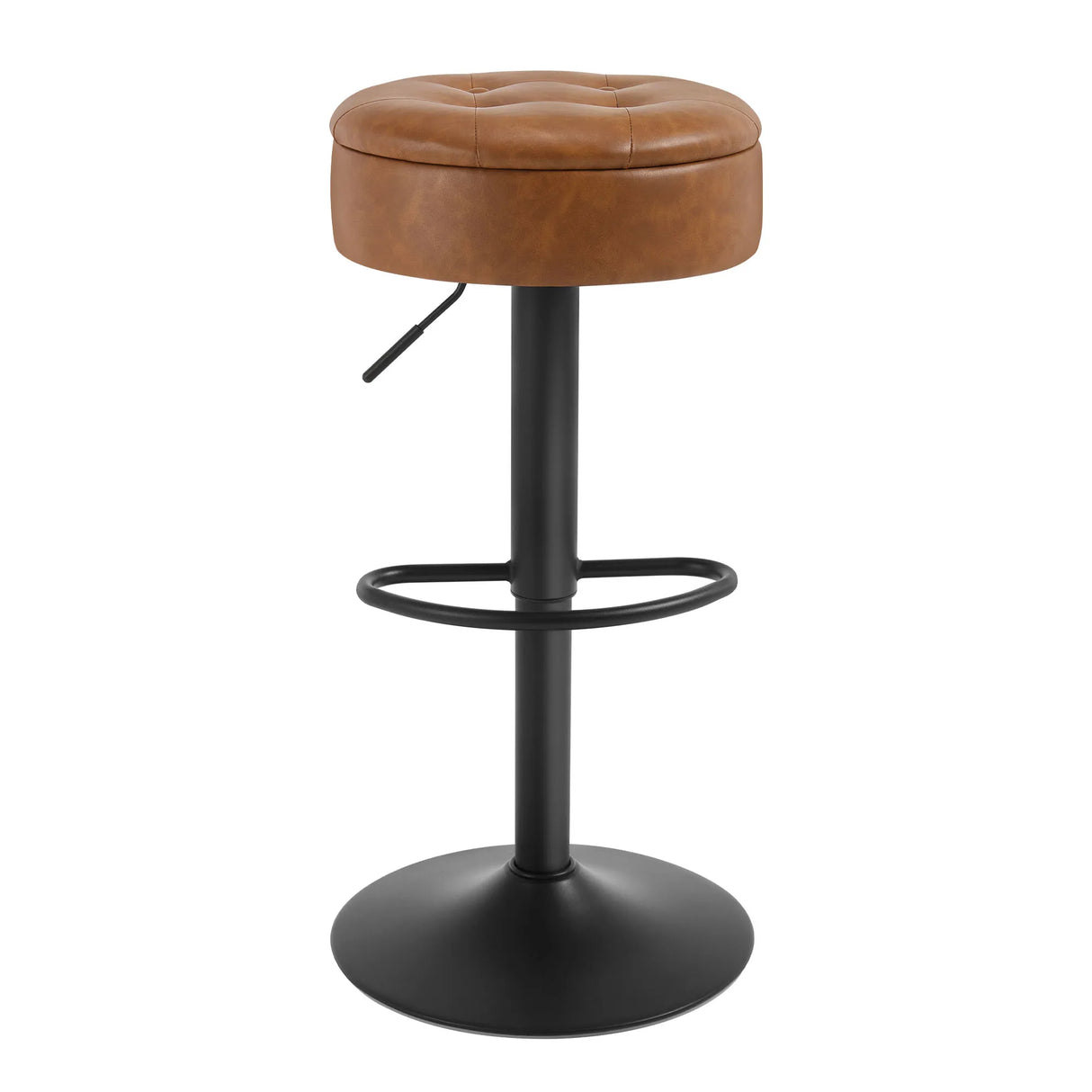 Verstelbare BukkitBow barkruk met verborgen opbergruimte, zwart met houten poten en comfortabele zitting.