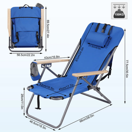 Verstelbare campingstoel van BukkitBow met rugzakfunctie en hoofdkussen, geschikt voor outdoor kampeeractiviteiten.