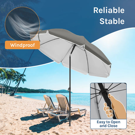 Verstelbare BukkitBow parasol met kantelfunctie, draagtas en UPF 50+ voor bescherming tegen zon en wind.