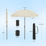 BukkitBow verstelbare parasol met kantelfunctie en draagtas, biedt UPF 50+ zonbescherming, zichtbaar op de afbeelding.