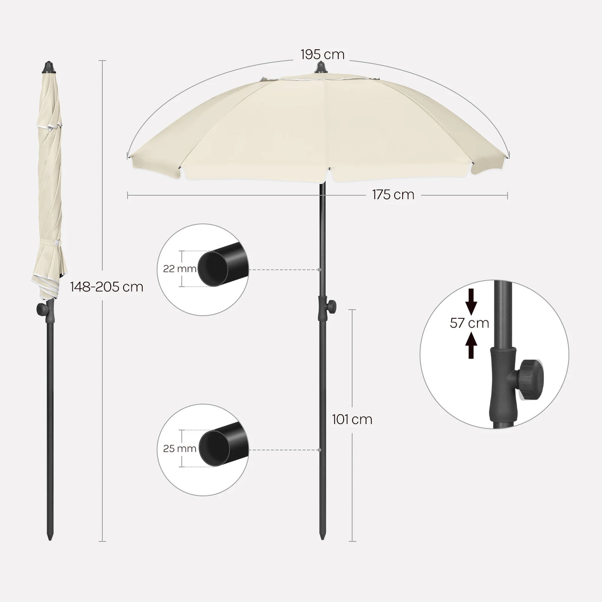 BukkitBow verstelbare ronde parasol met kantelfunctie en draagtas, beschermd tegen zon met stijlvolle, praktische design.