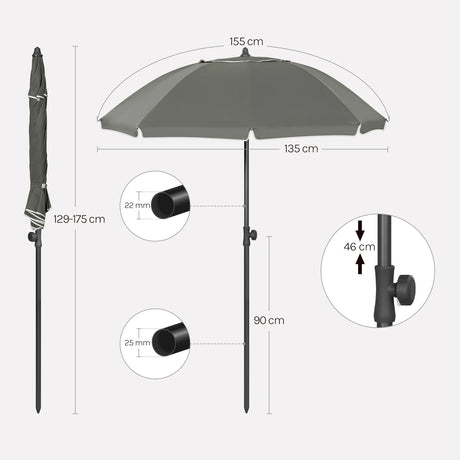 BukkitBow verstelbare ronde parasol met kantelfunctie en draagtas, biedt schaduw en bescherming tegen de zon.