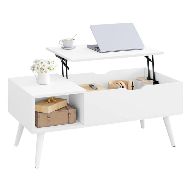 Verstelbare BukkitBow salontafel met liftfunctie en verborgen opslag, moderne houten salontafel in woonkamer.