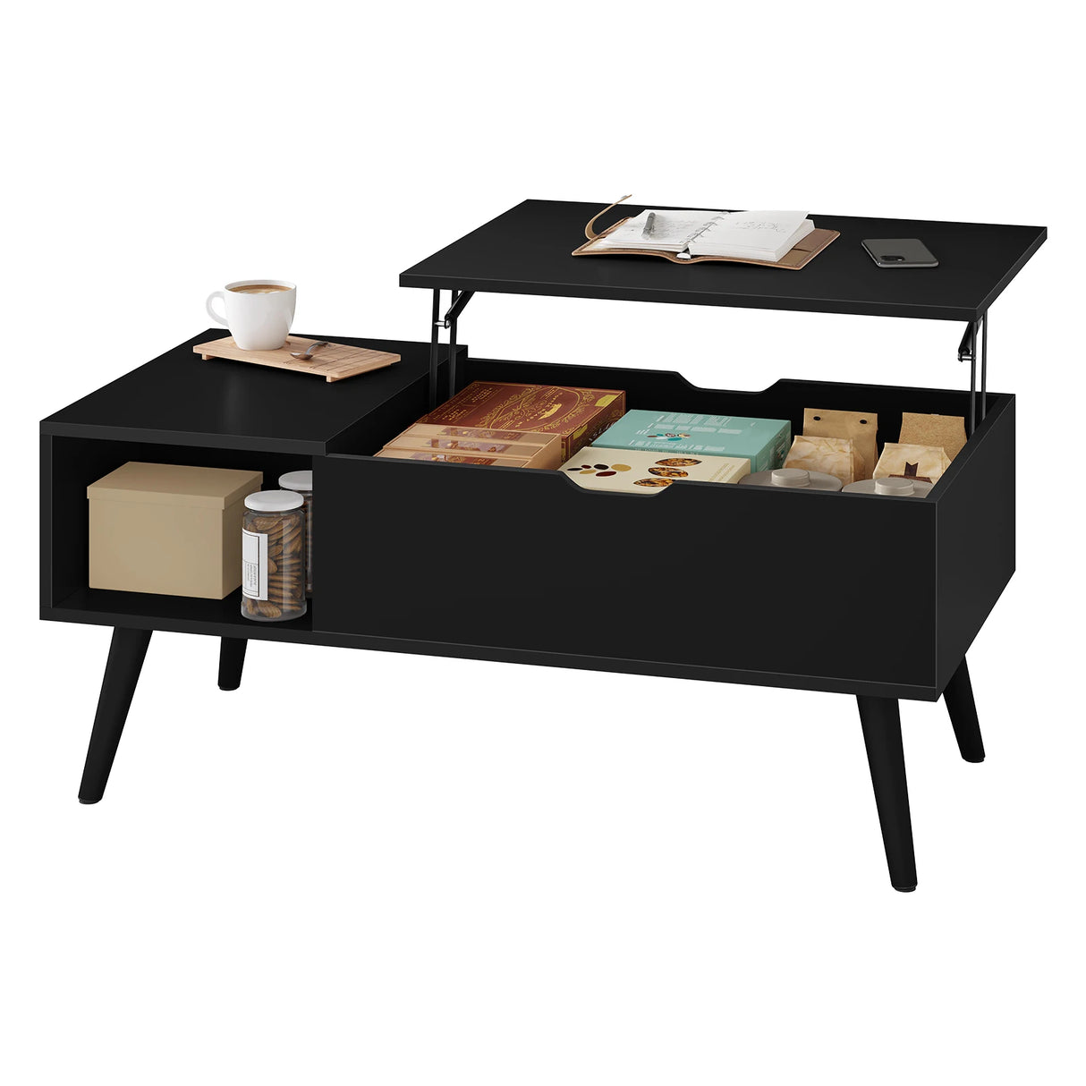 Verstelbare BukkitBow salontafel met liftfunctie en verborgen opbergvak, modern ontwerp voor woonkamer.