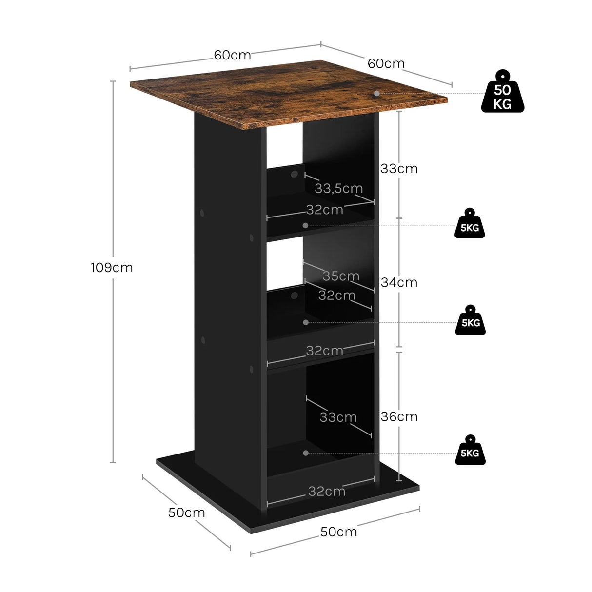 Vierkante houten bartafel van BukkitBow met 3 planken, geschikt als bistrotafel, modern en stijlvol voor in de horeca of thuis.