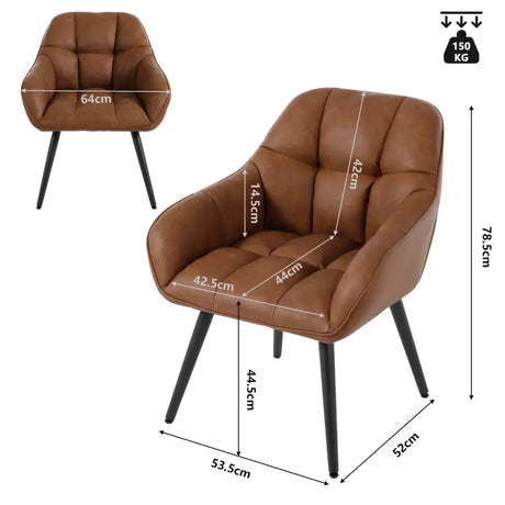 BukkitBow vintage bruine eetkamerstoel met armleuningen, imitatieleer, metalen onderstel en schuimvulling, comfortabele kuipstoel