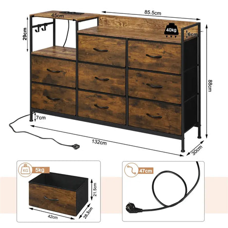 BukkitBow vintage dressoir met opbergruimte en stopcontact, lichtgewicht, stabiel, duurzaam, afmetingen 132x88x30 cm.