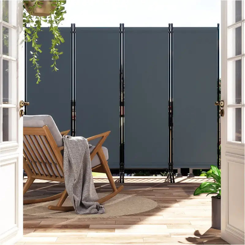 BukkitBow vouwbaar privacyscherm 224x182cm met stalen frame, polyester 160g/m², verstelbaar en weerbestendig voor binnen en buiten.