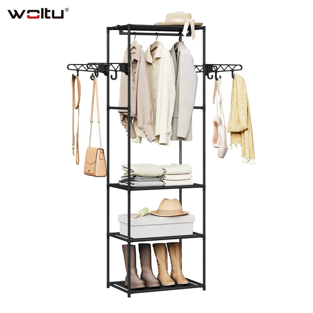 BukkitBow vrijstaand kledingrek met metalen frame, haken en legplanken voor slaapkamer of hal, open garderobe, modern design