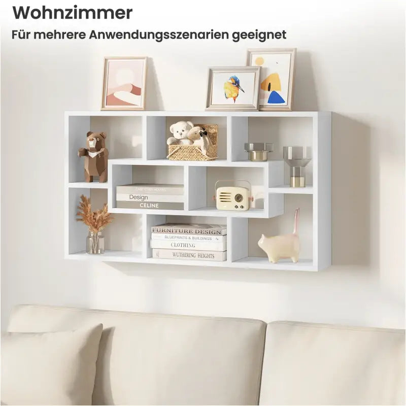 BukkitBow wandplank en wandkast met 8 vakken van stevig hout, hangende boekenplank van 85x48x16 cm, modern en functioneel design.