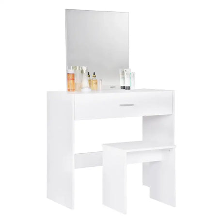 Witte BukkitBow kaptafel met grote make-up spiegel, ruime lade en bijpassende kruk, afmetingen 39x82x75 cm, elegant en functioneel.