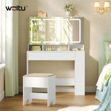 Witte BukkitBow kaptafel met LED-spiegel en verborgen sieradenkast, met houten afwerking en elegante uitstraling.