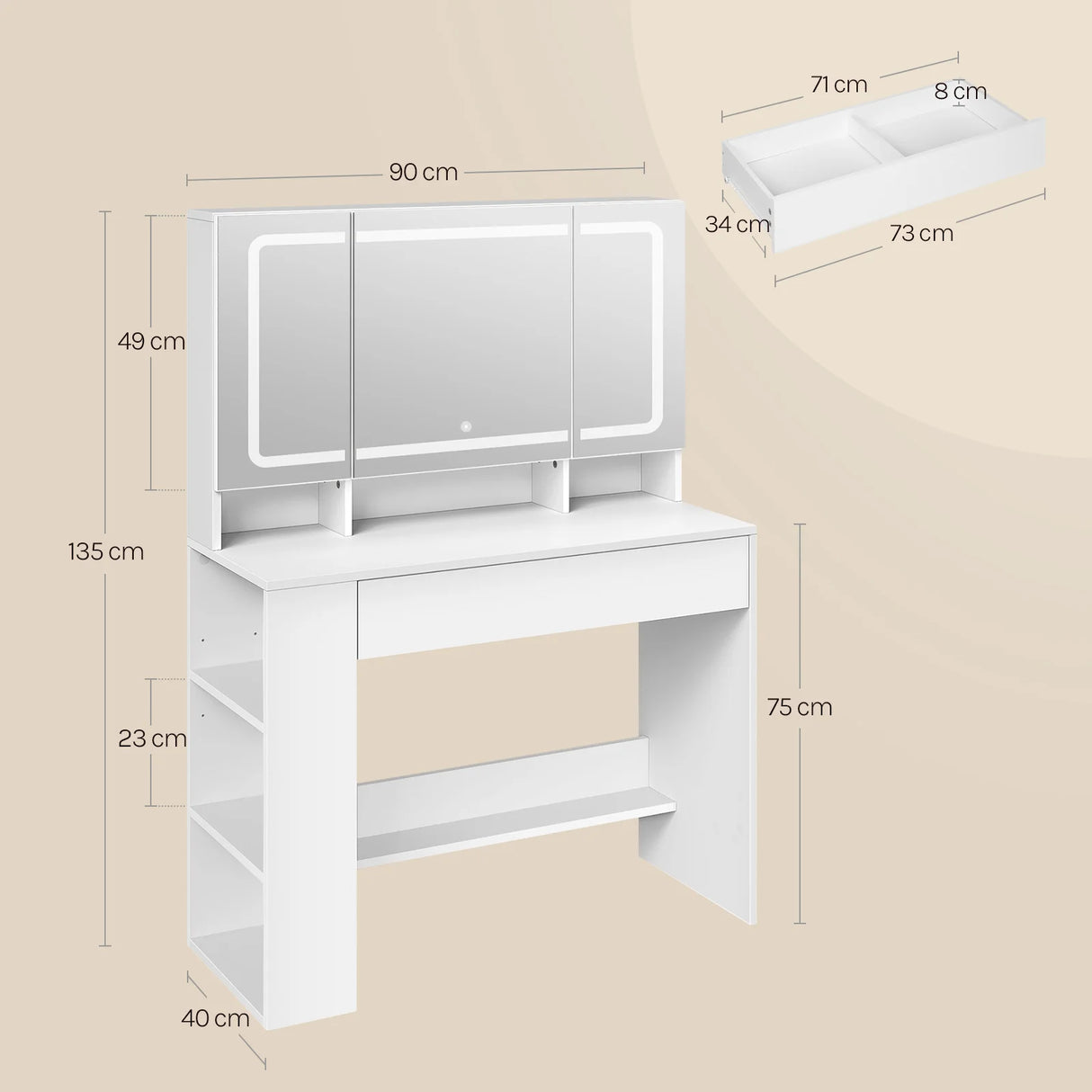 Witte BukkitBow kaptafel met LED-spiegel en verborgen sieradenkast, stijlvolle en functionele meubelstuk voor slaapkamer.