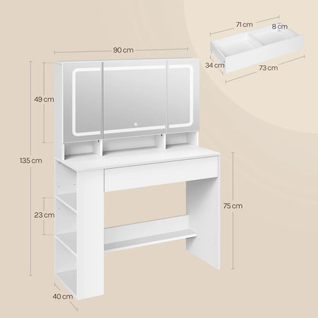 Witte BukkitBow kaptafel met LED-spiegel en verborgen sieradenkast, stijlvolle en functionele meubelstuk voor slaapkamer.